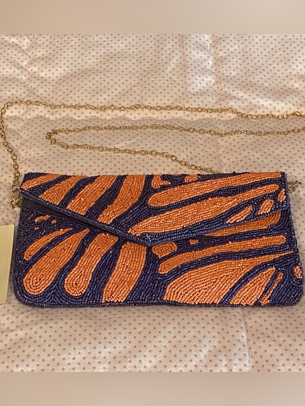 NET ON 34TH Beaded Orange and Navy Zebra Print Clutch Crossbody w/Gold Chain
